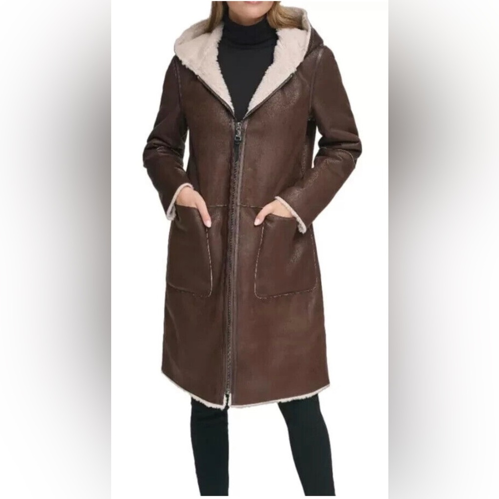 DKNY Faux Sheerling Zip Jacket with Hood